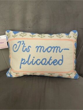Embroidered 'It's Mom-plicated' Accent Pillow in Blue and Cream